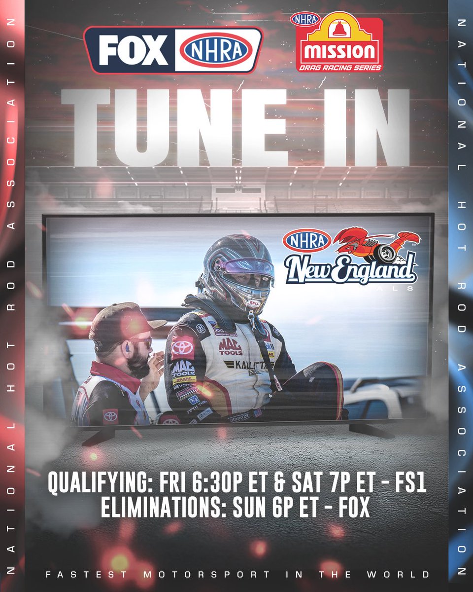 Kalitta Motorsports (@teamkalitta) on Twitter photo Let us know how you’re watching this weekend’s #NewEnglandNats!
👇👇👇
📺 #NHRAonFS1 and #NHRAonFOX
📱 Stream it LIVE: NHRA.tv
👆👆👆
#kalittaair • <a href="/DHLUS/">DHL U.S.</a> • <a href="/DaycoOfficial/">Dayco</a> • #tgrna • <a href="/FifthThird/">Fifth Third Bank</a> • <a href="/MacTools38/">Mac Tools</a> • <a href="/SealMasterNet/">SealMaster Official</a> • <a href="/Revchem_/">Revchem Composites</a> • Let us know how you’re watching this weekend’s #NewEnglandNats!
👇👇👇
📺 #NHRAonFS1 and #NHRAonFOX
📱 Stream it LIVE: NHRA.tv
👆👆👆
#kalittaair • <a href="/DHLUS/">DHL U.S.</a> • <a href="/DaycoOfficial/">Dayco</a> • #tgrna • <a href="/FifthThird/">Fifth Third Bank</a> • <a href="/MacTools38/">Mac Tools</a> • <a href="/SealMasterNet/">SealMaster Official</a> • <a href="/Revchem_/">Revchem Composites</a> •