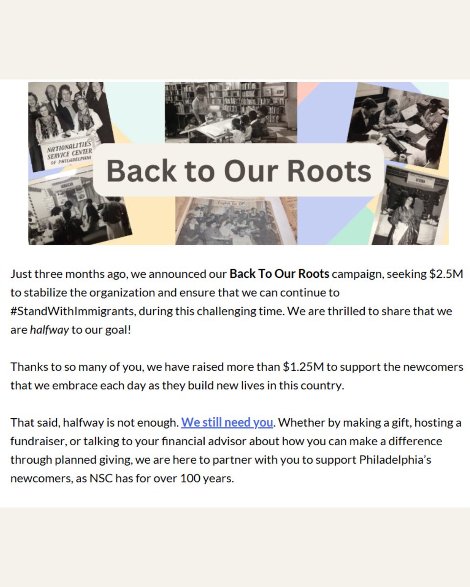 Have you heard the great news? Thanks to so many of you, we have raised more than $1.25M to support the newcomers that we embrace each day as they build new lives in this country.  

To stay in the know on all things NSC, subscribe to our email list: ow.ly/szK150W1yLb