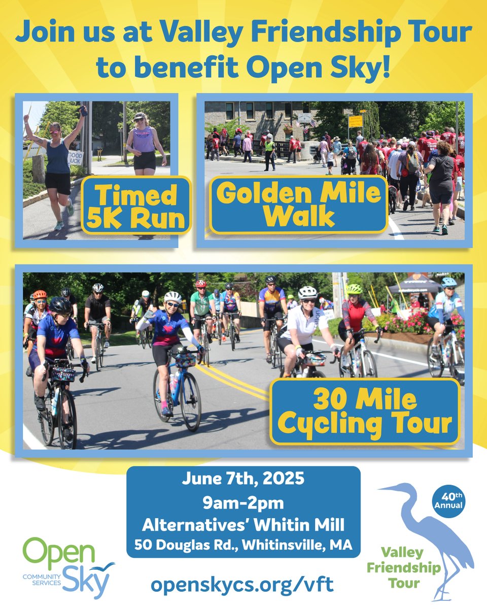 Have you started warming up for the 40th Annual Valley Friendship Tour? Choose from a variety of routes - we're sure you'll have a blast!

Register at openskycs.org/vft