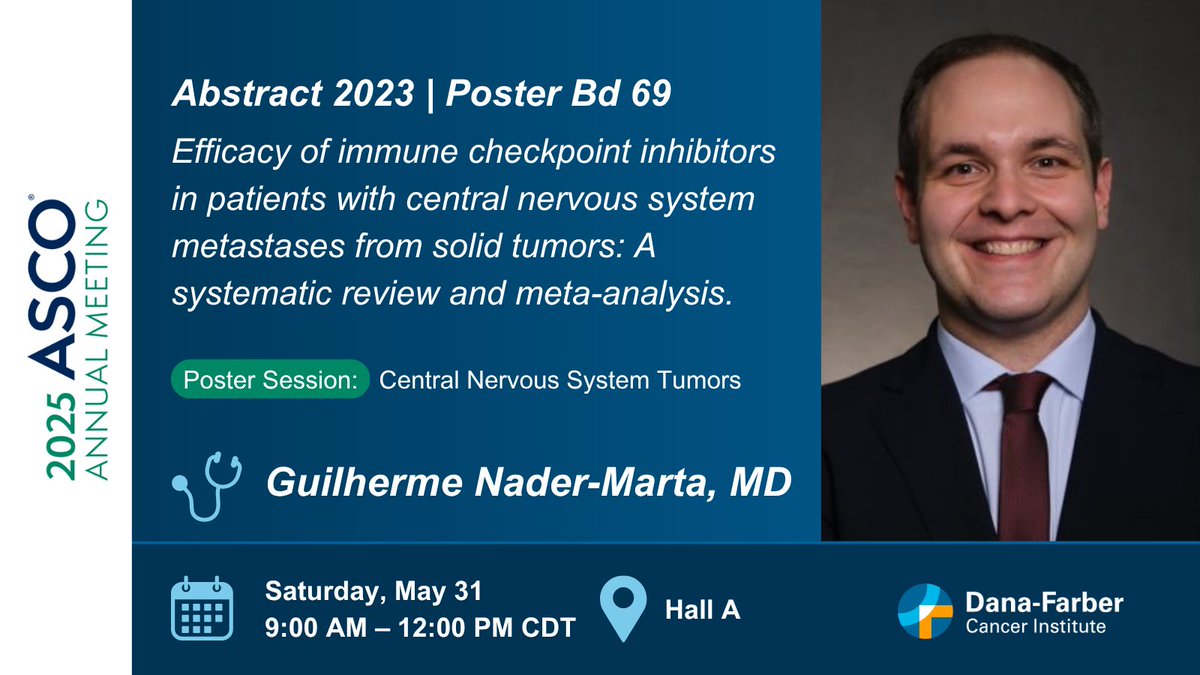 Dana-Farberās Breast Oncology Center (@dfci_breastonc) on Twitter photo Check out the #ASCO25 Central Nervous System Tumors poster session on Saturday for a presentation by Guilherme Nader-Marta, MD (<a href="/GuiNaderMarta/">Guilherme Nader Marta</a>) and learn about the efficacy of immune checkpoint inhibitors in patients with #CNS metastases from solid tumors. Abstract 2024 | Poster Check out the #ASCO25 Central Nervous System Tumors poster session on Saturday for a presentation by Guilherme Nader-Marta, MD (<a href="/GuiNaderMarta/">Guilherme Nader Marta</a>) and learn about the efficacy of immune checkpoint inhibitors in patients with #CNS metastases from solid tumors. Abstract 2024 | Poster
