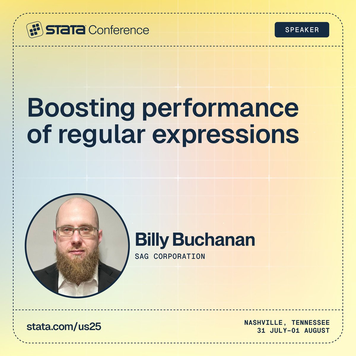 Stata (@stata) on Twitter photo Meet the #Stata2025 speakers
Learn how Stata regular expression for text data work and how to boost their performance with Billy Buchanan (<a href="/PACESconsulting/">Billy Buchanan</a>) from SAG Corporation.
Full abstract: stata.com/us25
#Stata #StataConference Meet the #Stata2025 speakers
Learn how Stata regular expression for text data work and how to boost their performance with Billy Buchanan (<a href="/PACESconsulting/">Billy Buchanan</a>) from SAG Corporation.
Full abstract: stata.com/us25
#Stata #StataConference