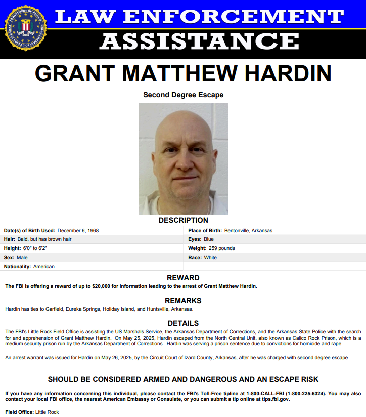 UPDATE: The FBI is offering a reward of up to $20,000 for information leading to the arrest of Grant Matthew Hardin. 

Anyone with information is asked to call 1-800-CALL-FBI or submit a tip online at tips.fbi.gov.