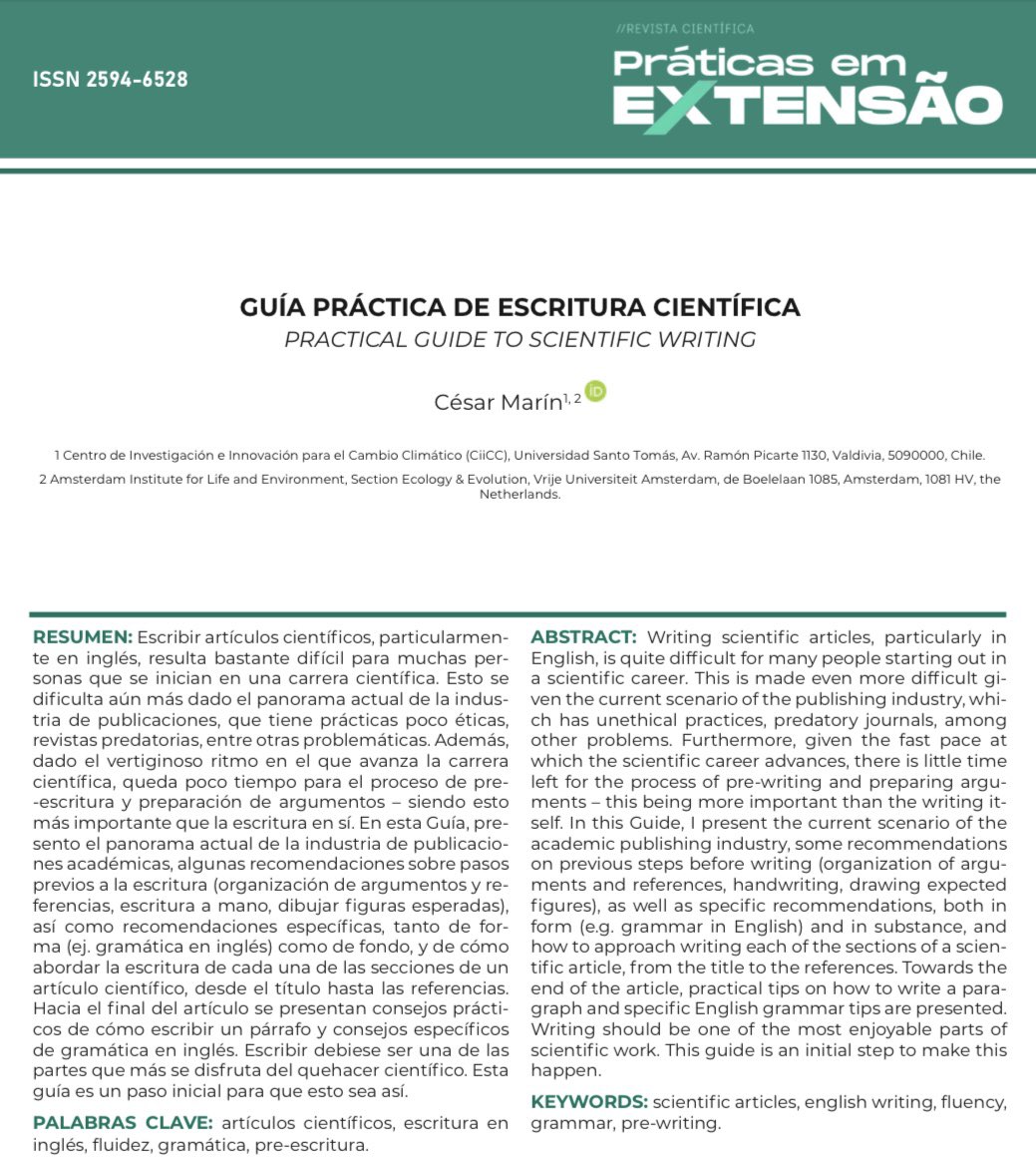 Publiqué una Guía práctica de escritura científica, en español, en la revista brasileña Prácticas em Extensão.

cesar-marin.com/wp-content/upl…