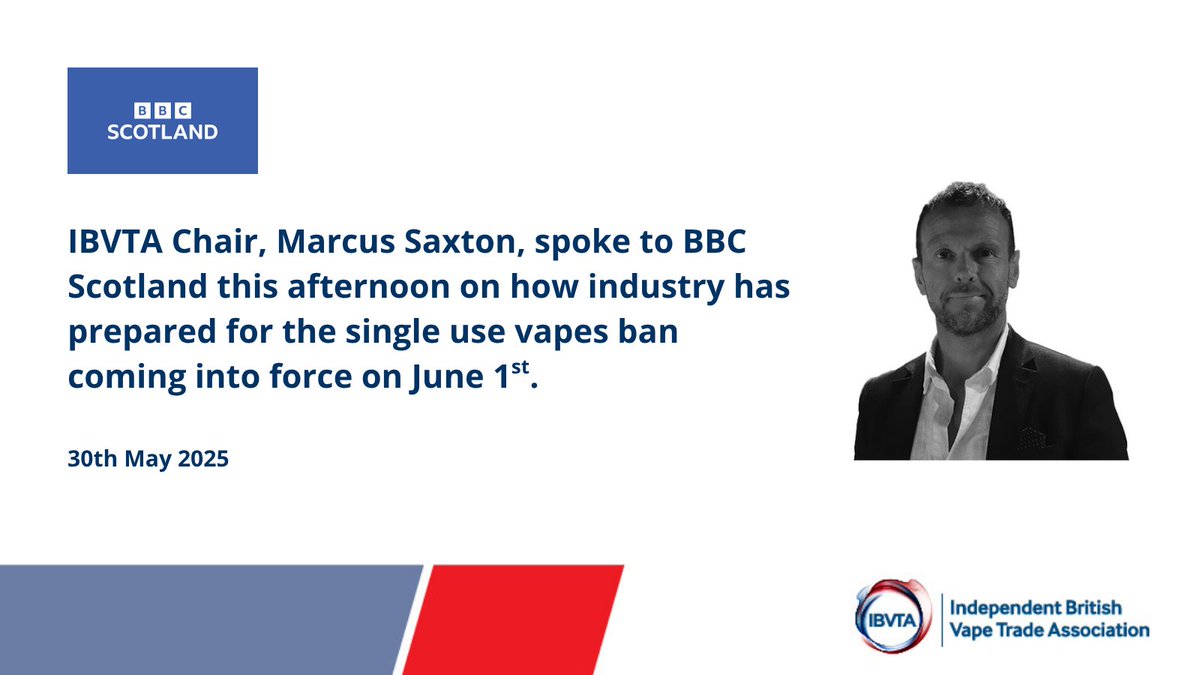 TheIBVTA's tweet image. 📻 🎙️ IBVTA, offering the credible voice of the independent vape sector to media.
Our Chair, Marcus Saxton, spoke to BBC Scotland earlier this afternoon on how industry has been preparing for the single use #vapes ban, and gives reassurance to those adults using these products…