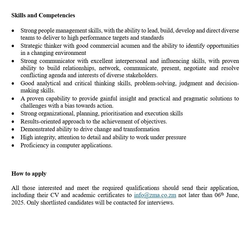 Zambia Medical Association (@zmazambia) on Twitter photo Receiving applications for the position of ZMA Registrar/CEO
How to Apply:
Send your application, CV and academic certificates to info@zma.co.zm not later than 06th June, 2025. Only shortlisted candidates will be contacted for interviews. Receiving applications for the position of ZMA Registrar/CEO
How to Apply:
Send your application, CV and academic certificates to info@zma.co.zm not later than 06th June, 2025. Only shortlisted candidates will be contacted for interviews.