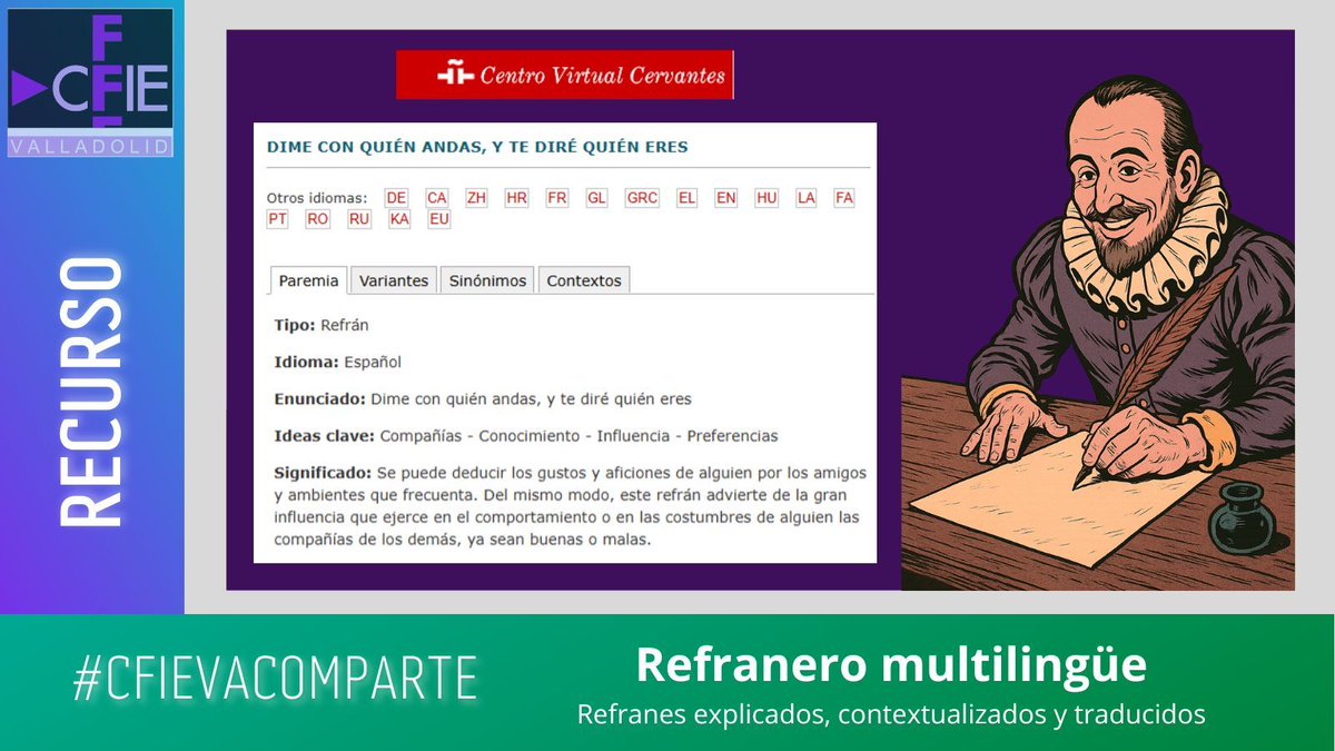 “Dime con quién andas y te diré quién eres”… y en inglés, alemán, francés... Así es el refranero multilingüe de <a href="/cvc_cervantes/">CVC. Centro Virtual Cervantes</a> <a href="/InstCervantes/">Instituto Cervantes</a>. 

🗣️ Refranes explicados, traducidos y contextualizados.

➡️ tinyurl.com/yvu3o72v

#InnovaCyL #CFIEVaComparte