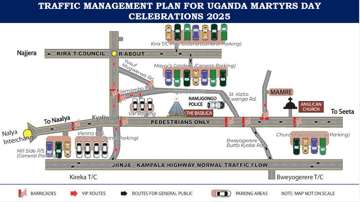 #TRAFFICADVISORY FOR #UGANDAMARTYRSDAY CELEBRATIONS #3RDJUNE 2025.

#Jinja– #Kampala highway will be normal traffic flow.

#Kireka – Kyaliwajjala road will be one way for vehicles heading to the Venue. 

#Kyaliwajjala -Naalya Interchange will be one way towards Kyaliwajjala.
