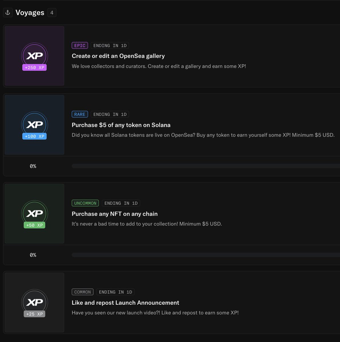 Amongst all the noise of <a href="/stayloudio/">Loud!</a> , don't forget to complete your <a href="/opensea/">OpenSea</a> voyages for some easy xp. This round ends in 1 day.