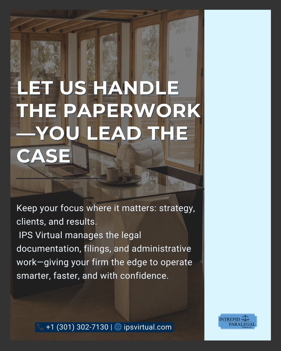 ips_virtual's tweet image. 🖋 Strategy. Clients. Results.
That’s where your focus belongs.
Let IPS Virtual handle the administrative load—giving your firm the agility to move smarter and faster.
#BackOfficeSupport #ParalegalServices #LegalWorkflow #IPSvirtual