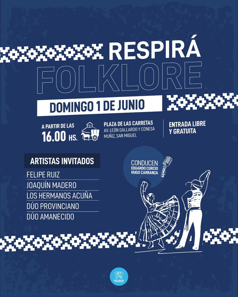 Respirá Folklore🎶🎸🇦🇷
🗓️ Te esperamos el domingo 1 de julio, a partir de las 16hs.
📌 Plaza de las Carretas, Av. León Gallardo y Conesa
ENTRADA LIBRE Y GRATUITA
