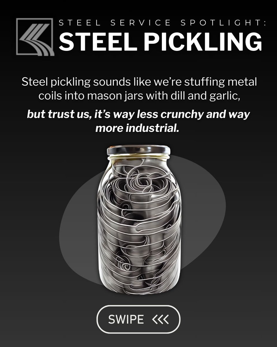 KenwalSteelCorp's tweet image. It’s not in a jar—but it is an essential step in producing clean, high-performance steel.📲 Swipe through to see how it works, and head to kenwal.com/contact to request a quote for your next pickled steel order. #Kenwall #PickledSteel #SteelProcessing #SteelServiceSpotlight