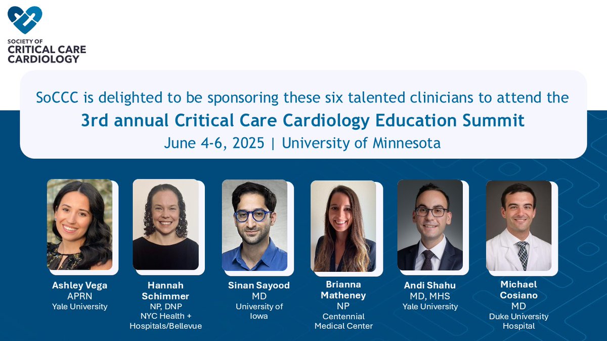 Society Of Critical Care Cardiology (@societyofccc) on Twitter photo We are excited for the 3rd annual <a href="/UMN_CCCEdSummit/">UMN Critical Care Cardiology Education Summit</a> on June 4-5 at the UMN East Bank Campus. We are also thrilled to sponsor <a href="/schimmering/">Hannah</a>, <a href="/S3Cards/">Sinan Sayood</a>, <a href="/andishahu/">Andi Shahu, MD MHS (👉Bluesky)</a>, <a href="/MichaelFCosiano/">Michael Cosiano MD</a>, Ashley Vega, and Brianna Matheney. CCCES is in collaboration with <a href="/CCCEnthusiasts/">CCC Enthusiasts</a> and <a href="/CardioNerds/">CardioNerds</a>. We are excited for the 3rd annual <a href="/UMN_CCCEdSummit/">UMN Critical Care Cardiology Education Summit</a> on June 4-5 at the UMN East Bank Campus. We are also thrilled to sponsor <a href="/schimmering/">Hannah</a>, <a href="/S3Cards/">Sinan Sayood</a>, <a href="/andishahu/">Andi Shahu, MD MHS (👉Bluesky)</a>, <a href="/MichaelFCosiano/">Michael Cosiano MD</a>, Ashley Vega, and Brianna Matheney. CCCES is in collaboration with <a href="/CCCEnthusiasts/">CCC Enthusiasts</a> and <a href="/CardioNerds/">CardioNerds</a>.