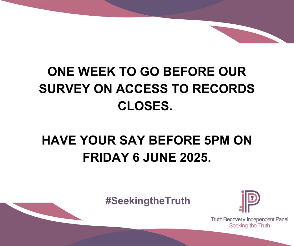 TruthPanel_NI's tweet image. 📣| One Week Left to Have Your Say
There is one week left before our consultation survey on Access to Records closes.
This is your opportunity to help improve the process of accessing records.
Share your thoughts with us through our survey: shorturl.at/0pmyE
