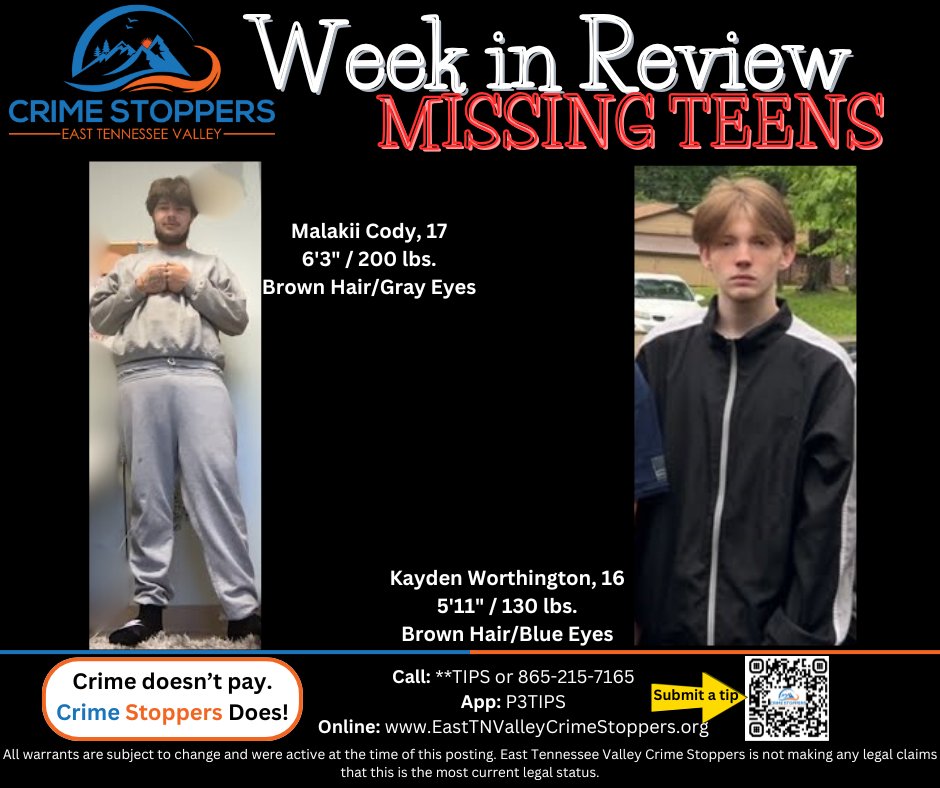 tn_crime's tweet image. 🚨 2 missing teens featured this week — help us bring them home.

Know where they’re staying? Stay anonymous and submit a tip to East TN Valley Crime Stoppers today.

#CrimeStoppers #MissingTeens #knoxville @Knoxville_PD