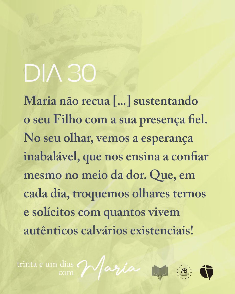 Maria não recua [...] sustentando o seu Filho com a sua presença fiel. No seu olhar, vemos a
esperança inabalável, que nos ensina a confiar mesmo no meio da dor. Que, em cada dia, troquemos
olhares ternos e solícitos com quantos vivem autênticos calvários existenciais!