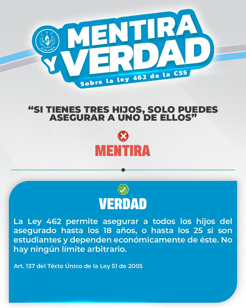 ❌MENTIRA: "Si tienes tres hijos, solo puedes asegurar a uno de ellos"

✅VERDAD: La Ley 462 permite asegurar a todos los hijos del asegurado hasta los 18 años, o hasta los 25 si son estudiantes y dependen económicamente de este. No hay ningún límite arbitrario.
#CSS #Ley462