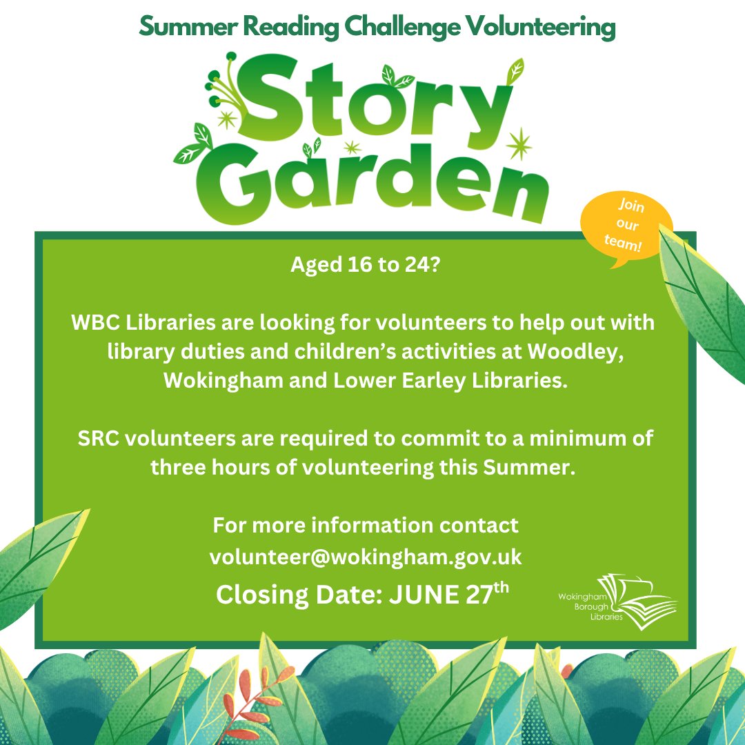 Wokingham Libraries (@wbc_libraries) on Twitter photo If you would like to get involved in supporting our libraries this Summer please contact volunteer@wokingham.gov.uk
Closing Date: June 27th
Applicants must be over the age of sixteen.#summerreadingchallenge #volunteer #wokingham #woodley #lowerearley #volunteering If you would like to get involved in supporting our libraries this Summer please contact volunteer@wokingham.gov.uk
Closing Date: June 27th
Applicants must be over the age of sixteen.#summerreadingchallenge #volunteer #wokingham #woodley #lowerearley #volunteering