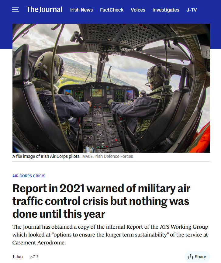 TheJournal.ie (@thejournal_ie) on Twitter photo Coming up after midnight <a href="/NiallJournal_ie/">Niall O’Connor</a> reports on the contents of an internal 2021 Defence report that warned of an impending crisis in military Air Traffic Control. It outlined 31 solutions - the first attempt to find a way to halt people leaving the service was in February. Coming up after midnight <a href="/NiallJournal_ie/">Niall O’Connor</a> reports on the contents of an internal 2021 Defence report that warned of an impending crisis in military Air Traffic Control. It outlined 31 solutions - the first attempt to find a way to halt people leaving the service was in February.