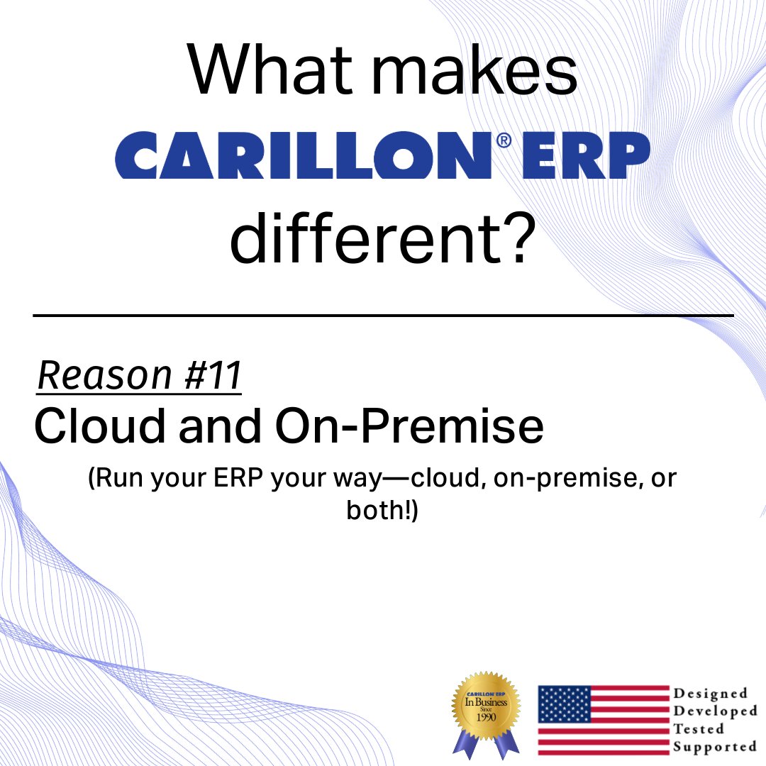 Run your business your way! 🌐🏢 Carillon ERP gives you the flexibility to operate in the cloud, on-premise, or both. The choice is yours! 🚀
Learn more today!!
Call Isabella at 972-454-4573
ow.ly/NHxU50Ug9fe
 #CustomERP #CloudAndOnPremise #CarillonERP