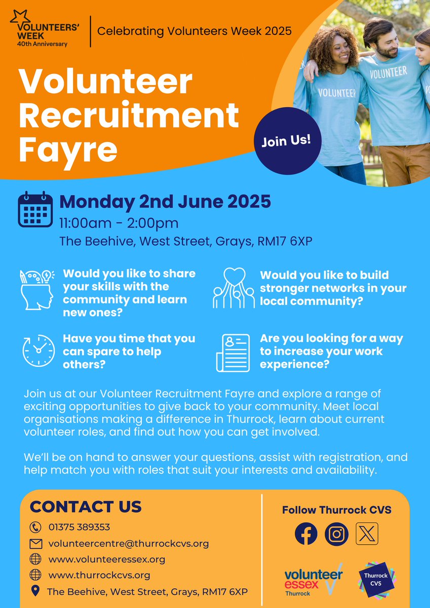 The Thurrock's Volunteer Recruitment Fayre will be held at The Beehive Resource Centre, 11am to 2pm  next Monday!
Discover a wide range of exciting volunteering opportunities and chat with local organisations about how you can get involved! 
✨No need to sign up; just pop in!