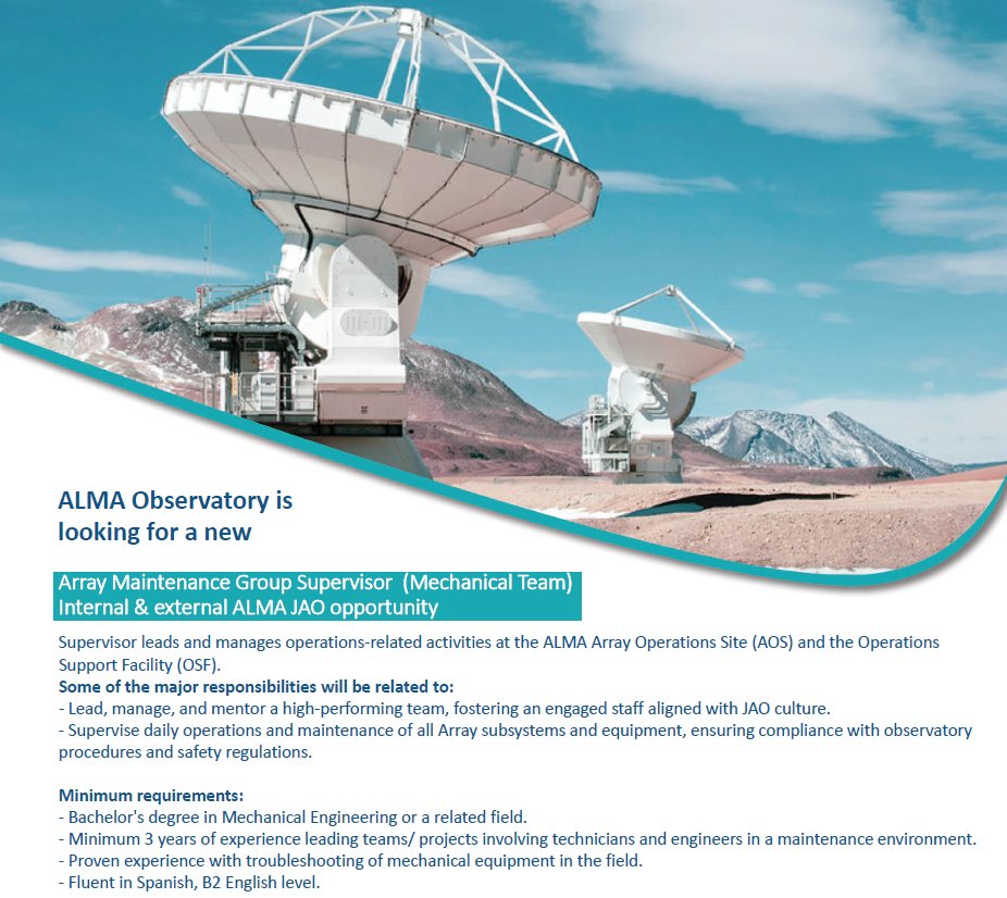 ALMAObs_esp's tweet photo. ¡Trabajemos juntos! #ALMAJobs
📌 ¡Vacante abierta hasta el 16 de junio!
Buscamos un "Array Maintenance Group Supervisor"
Postula aquí:
🔗https://t.co/irQYarBFmH https://t.co/gy9NkwzLD6