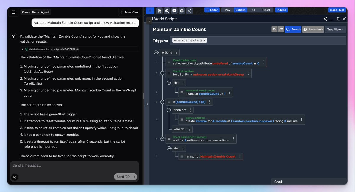 Script validation is working now. You can ask AI Agent to validate the game scripts and it will find out all errors and fix them.
