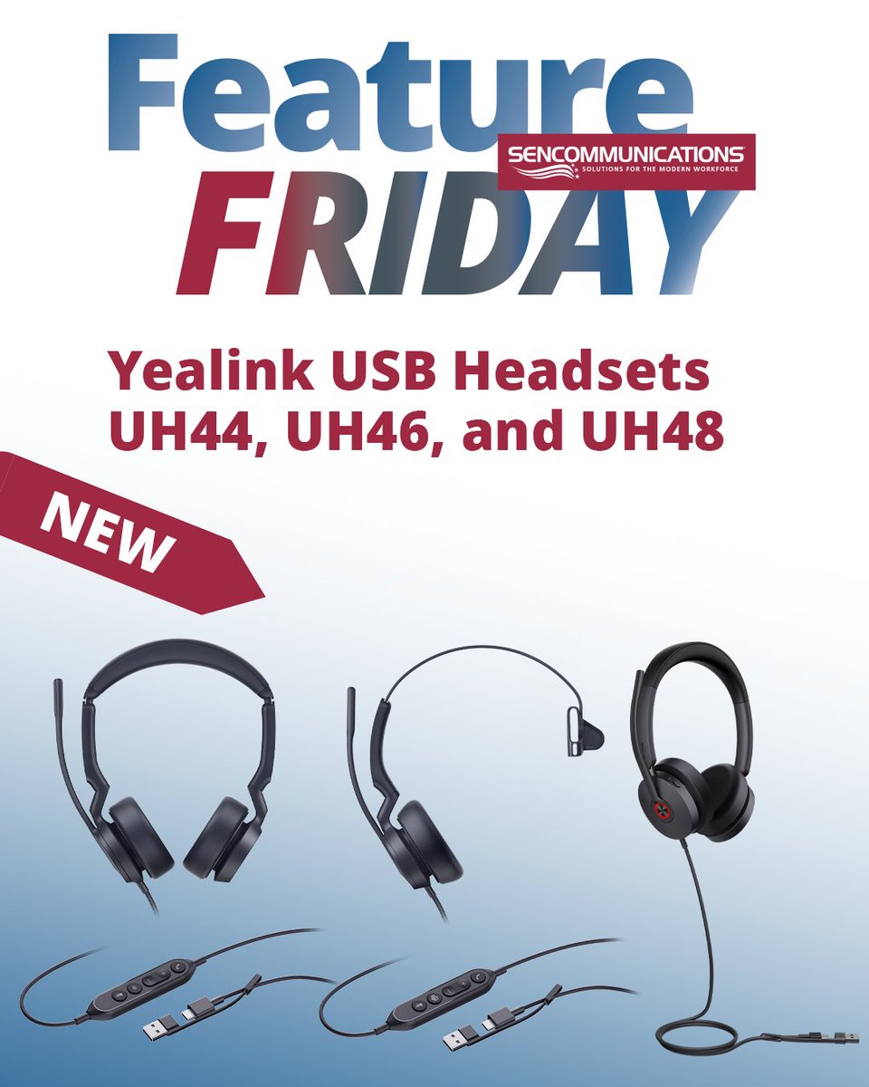 Sencommunications (@sencomm_) on Twitter photo FEATURE FRIDAY!
NEW <a href="/YealinkNews/">Yealink Official</a> USB headsets UH44, UH46, and UH48
Microsoft Teams-certified variants, as well as a UC variant
USB-C cord with USB-A adapter
Dual busylights
UH44 and UH46- Mono and Duo
UH48- Duo only
#sencomm #headsets #hybridwork #technologypartner #yealink FEATURE FRIDAY!
NEW <a href="/YealinkNews/">Yealink Official</a> USB headsets UH44, UH46, and UH48
Microsoft Teams-certified variants, as well as a UC variant
USB-C cord with USB-A adapter
Dual busylights
UH44 and UH46- Mono and Duo
UH48- Duo only
#sencomm #headsets #hybridwork #technologypartner #yealink