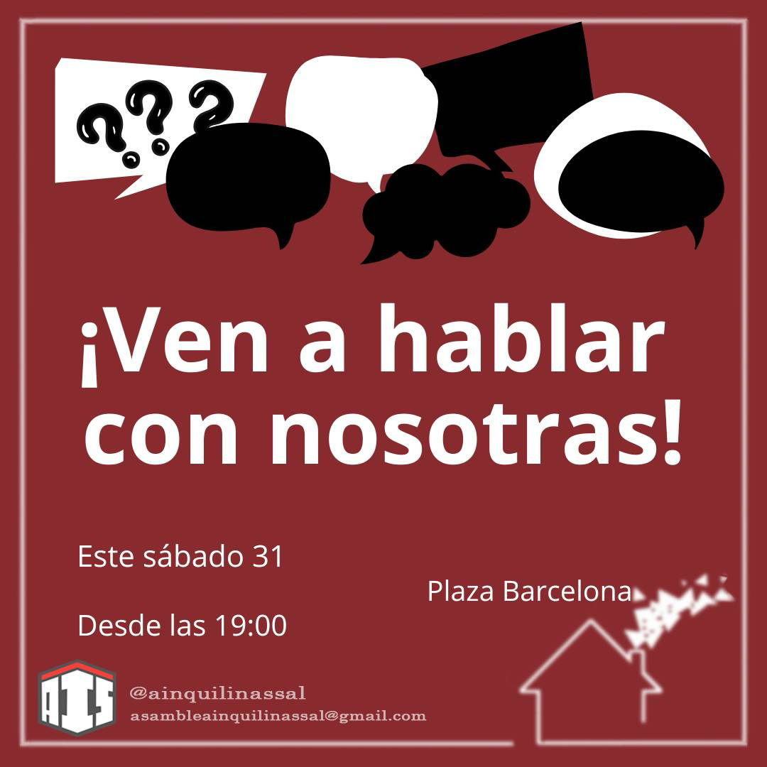 🚨¿Tu caser@ te sube el alquiler? ¿Se desentiende de las reparaciones? ¿No renueva el contrato porque necesita el piso para un airbn..., ejem, su hija?

🔥Mesa informativa de la AIS 🔥

Ven a conocer tus derechos y a organizarte para defenderlos‼️

📅31-5
🏛️Pza. Barcelona
🕐19:00