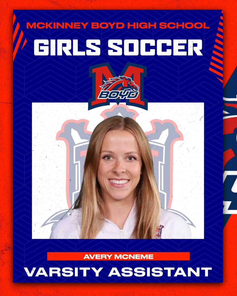 McKinney Boyd Athletics (@mbhsbroncos) on Twitter photo We are excited to announce the promotion of Avery McNeme to Varsity Assistant Girls Soccer coach! Coach McNeme led our JV last season to a 14-1-5 record scoring 64 goals and only allowing 6! Congrats Coach McNeme!
Let ‘em run 🐴🐎
<a href="/GirlsBoyd/">MBHS Girls Soccer</a> | <a href="/McKISDAth/">McKinneyISD Ath Dept</a> We are excited to announce the promotion of Avery McNeme to Varsity Assistant Girls Soccer coach! Coach McNeme led our JV last season to a 14-1-5 record scoring 64 goals and only allowing 6! Congrats Coach McNeme!
Let ‘em run 🐴🐎
<a href="/GirlsBoyd/">MBHS Girls Soccer</a> | <a href="/McKISDAth/">McKinneyISD Ath Dept</a>
