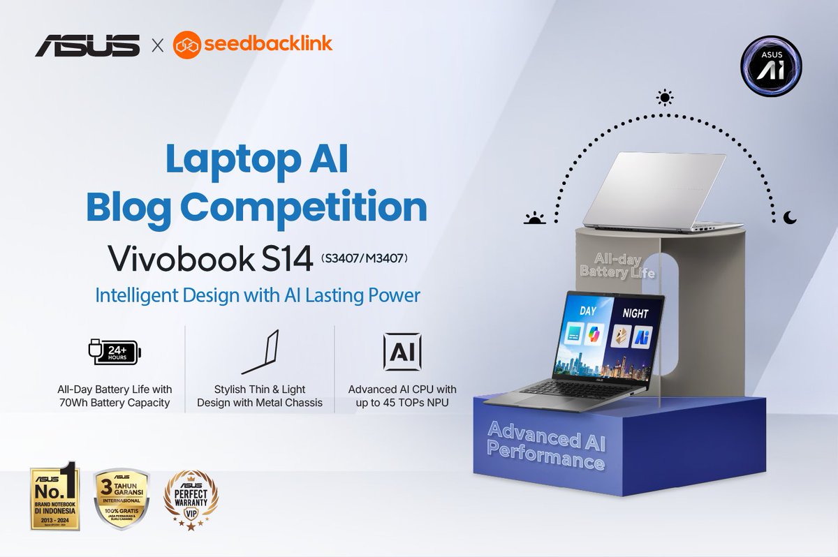 Mumpung masih ada waktu! 
Informasi lengkap terkait peraturan dan cara pendaftaran lomba, silakan kunjungi link berikut: id.seedbacklink.com/asus-laptop-ai…

#LaptopAI #LaptopAITerbaik #ASUSVivobookS14 #S3407QA #ASUSAI #CopilotPCs