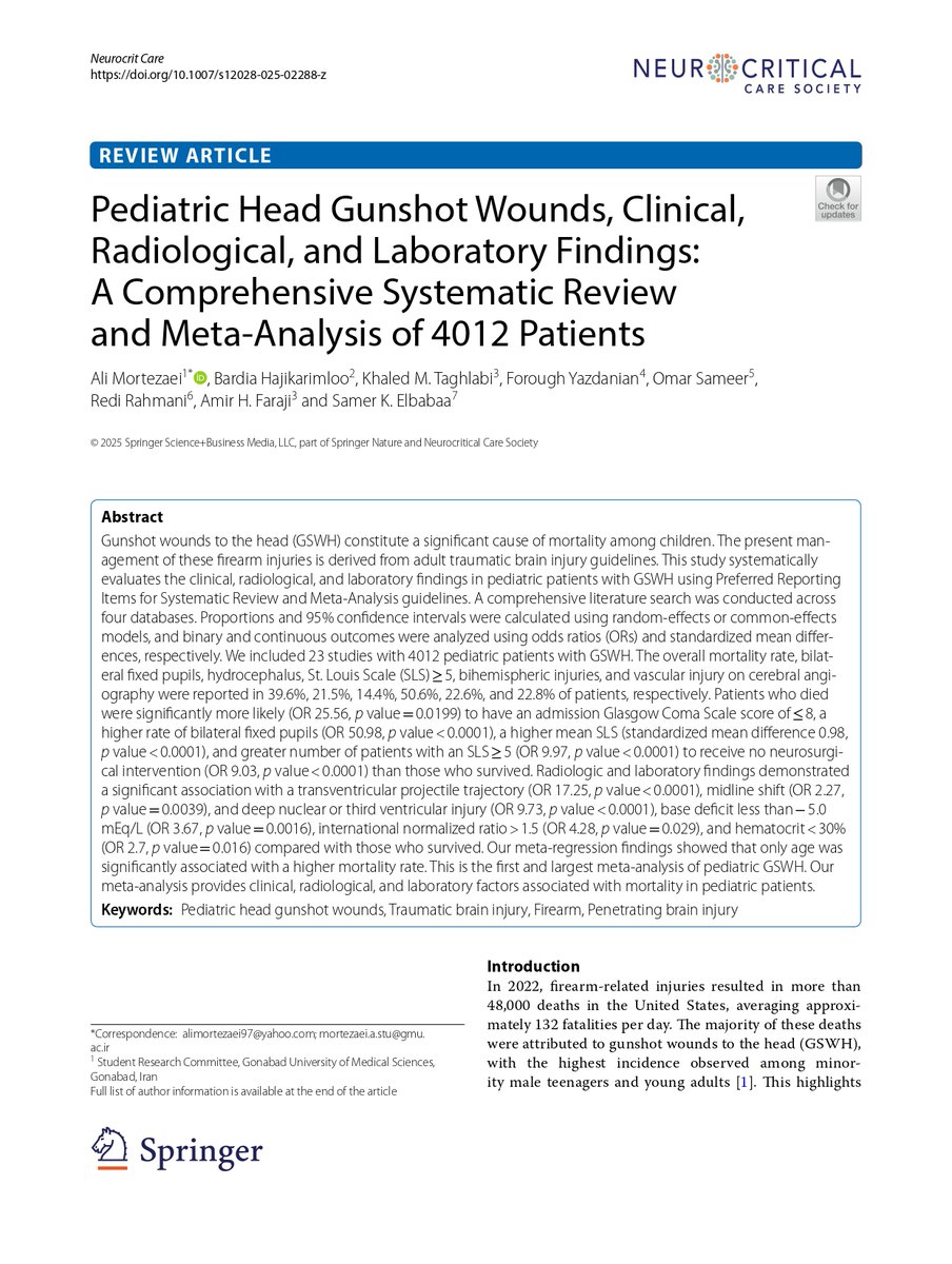 Ali Mortezaei (@alimortezaei97) on Twitter photo Finally online <a href="/NeurocritCareJ/">Neurocritical Care</a>! Our new study highlights clinical, radiological & lab predictors of pediatric GSWH.
Special thanks to Drs <a href="/AmirHFaraji/">Amir Faraji, MD, PhD</a> and Elbabaa for their supervision and <a href="/RahmaniRedi/">Redi Rahmani</a> <a href="/Bardii47/">Bardia Hajikarimloo, M.D</a> <a href="/KTaghlabi/">Khaled M. Taghlabi, MD</a> <a href="/fyaz20_/">Forough Yazdanian</a> for their great work!
rdcu.be/eozgU Finally online <a href="/NeurocritCareJ/">Neurocritical Care</a>! Our new study highlights clinical, radiological & lab predictors of pediatric GSWH.
Special thanks to Drs <a href="/AmirHFaraji/">Amir Faraji, MD, PhD</a> and Elbabaa for their supervision and <a href="/RahmaniRedi/">Redi Rahmani</a> <a href="/Bardii47/">Bardia Hajikarimloo, M.D</a> <a href="/KTaghlabi/">Khaled M. Taghlabi, MD</a> <a href="/fyaz20_/">Forough Yazdanian</a> for their great work!
rdcu.be/eozgU