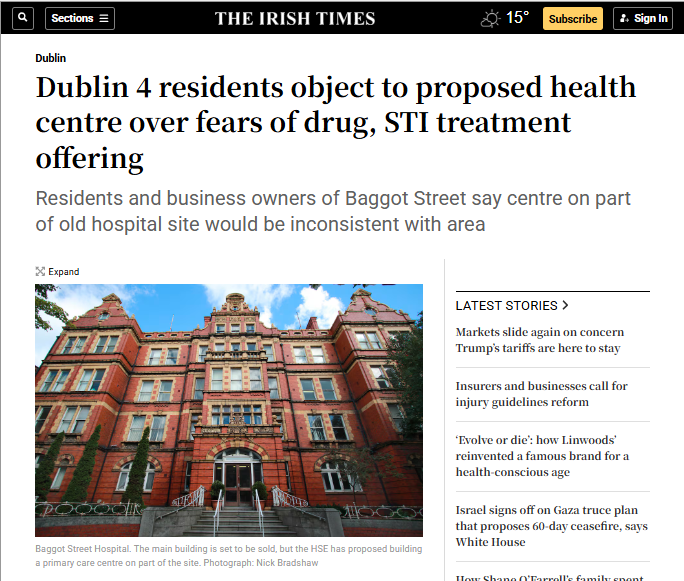 🚨Dublin 4 residents object to proposed health centre over fears of drug, STI treatment offering

Not only can D4 residents veto WHO goes into their community, then can veto WHAT goes into their community.

Pembroke Road association member, Susan McCarrick stated that the clinic