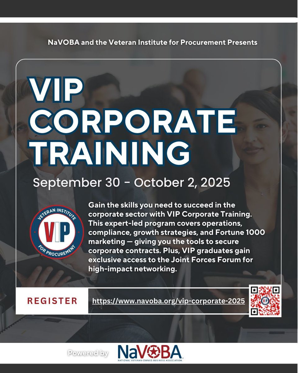 At VIP Corporate Training, learn to leverage your veteran status, strengthen your business infrastructure, and connect with corporate buyers seeking diverse suppliers. Join us in Potomac, MD, Sept. 30–Oct. 2, 2025. 

Start here: navoba.org/vip-corporate-…