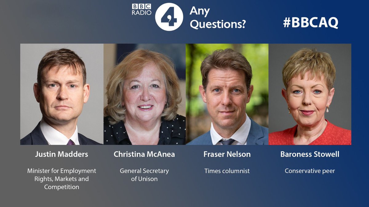 UNISON - UK's largest union (@unisontheunion) on Twitter photo On tonightâs Any Questions, <a href="/AlexForsythBBC/">Alex Forsyth</a> is joined at Liverpool Hope University by Justin Madders MP, Christina McAnea from UNISON, Fraser Nelson and Baroness Stowell.
Listen 8pm Fri / 1.10pm Sat on
<a href="/BBCRadio4/">BBC Radio 4</a> or on demand on
<a href="/BBCSounds/">BBC Sounds</a>
#BBCAQ bbc.in/43MvqB3 On tonightâs Any Questions, <a href="/AlexForsythBBC/">Alex Forsyth</a> is joined at Liverpool Hope University by Justin Madders MP, Christina McAnea from UNISON, Fraser Nelson and Baroness Stowell.
Listen 8pm Fri / 1.10pm Sat on
<a href="/BBCRadio4/">BBC Radio 4</a> or on demand on
<a href="/BBCSounds/">BBC Sounds</a>
#BBCAQ bbc.in/43MvqB3