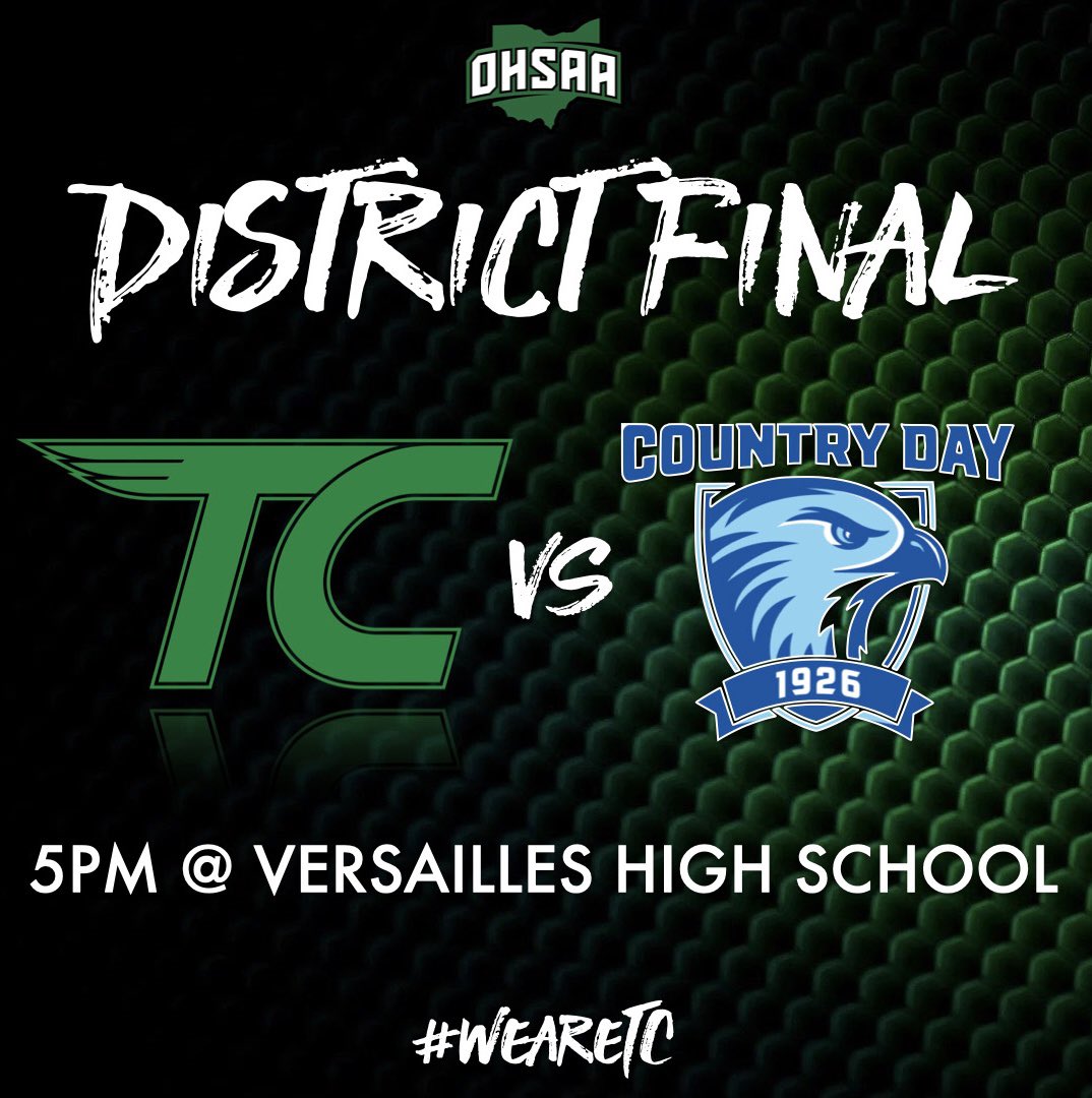 IT’S GAME DAY! ⚾️ DISTRICT FINALS!

The Eagles continue their <a href="/OHSAASports/">OHSAA Sports</a> tournament run TONIGHT in Versailles!

🆚 Cincinnati Country Day
⏰ 5:00pm
📍459 S Center St, Versailles 
🎟️ ohsaa.org/tickets

TICKETS REQUIRED! See link ⬆️ 

<a href="/AthleticsTc/">TC Eagles Athletics</a> <a href="/trcathletics/">Three Rivers Conference</a> 

#weareTC