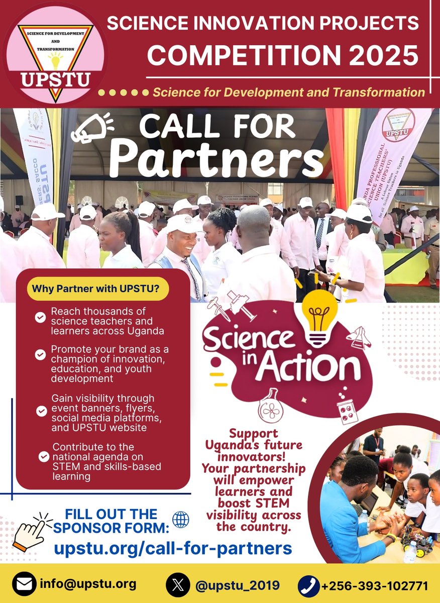 Here's a partnership opportunity with the UPSTU Science Innovation Projects Competition 2025, a transformative initiative inspiring innovation and empowering the next generation of Ugandan scientists! 

DETAILS 👇🏻👇🏻👇🏻
upstu.org/call-for-partn…

 Science for National Development and