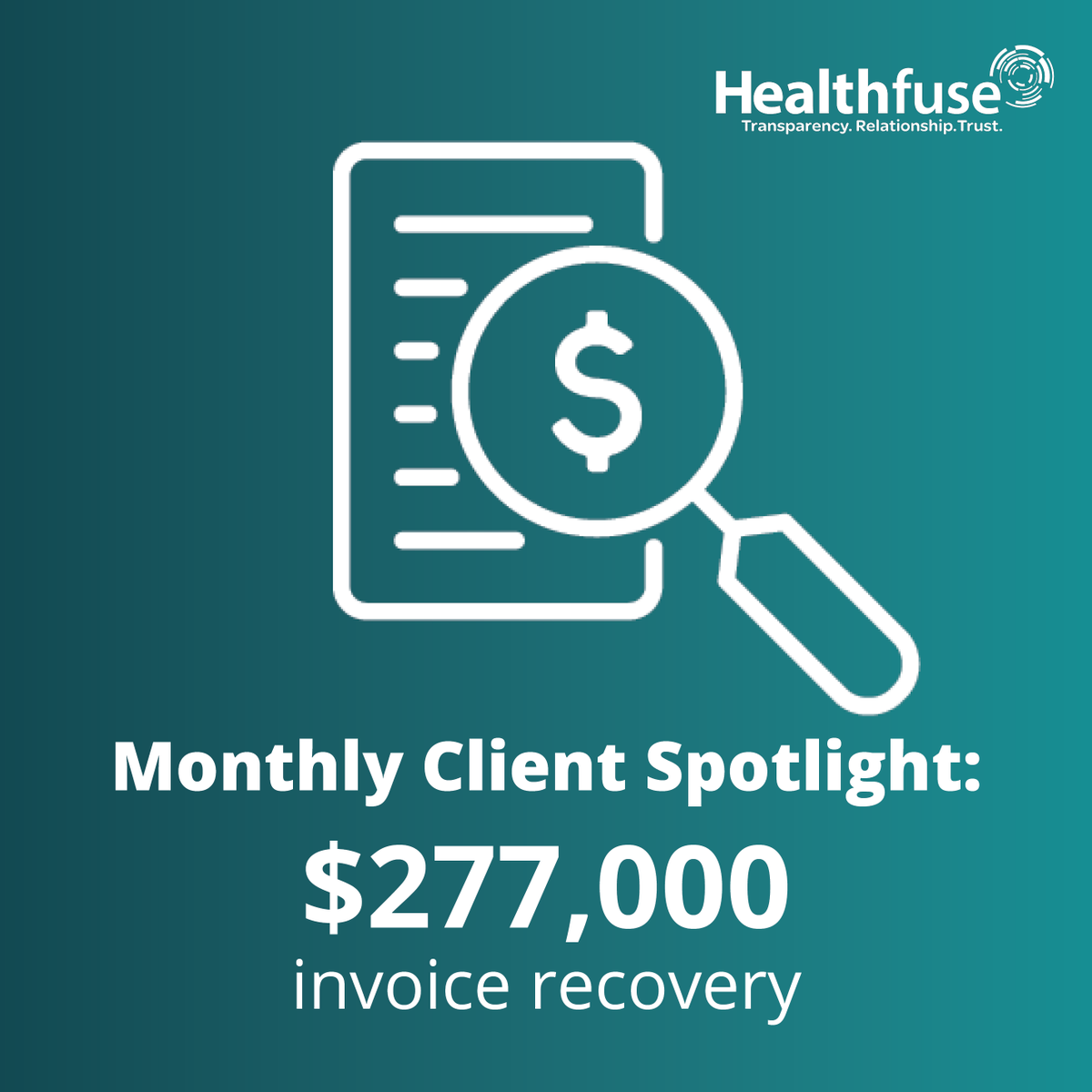 During an invoice review for a client in the South, it was discovered that the incorrect fee percentage was charged and $277,000 was owed to the client.

Staying vigilant with invoice oversight can lead to significant savings

#Healthfuse #ClientSuccess #InvoiceCertification
