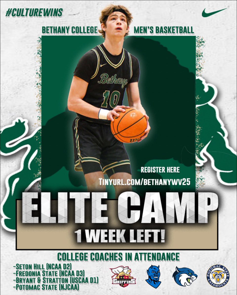 ‼️1 WEEK UNTIL ELITE CAMP‼️
(Spots are filling fast)

• 4 College Programs Represented
• Campus Tour
• Individual Development
• Film Session
• Games for Evaluation 

🦬 June 7th - Session 1
🦬 June 8th - Session 2
🦬 12pm - 5pm

📍Bethany College