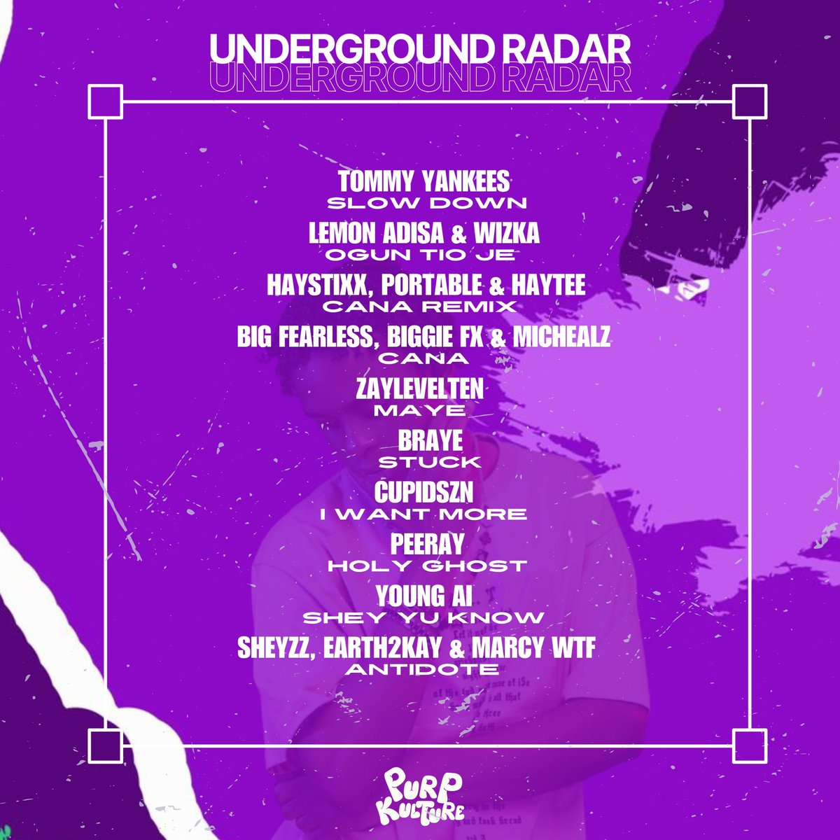 10 SONGS YOU NEED TO LISTEN TO THIS WEEK 💜

🔗: push.fm/fl/udrgrndrdrp…

1️⃣ Tommy Yankees - Slow Down
2️⃣ Lemon Adisa &amp; Wizka - Ogun Tio Je
3️⃣ Haystixx, Portable &amp; Haytee - Cana Remix
4️⃣ Big Fearless, Biggie fx &amp; Michealz - Cana 
5️⃣ Zaylevelten - Maye
6️⃣ Braye - Stuck
7️⃣ CupidSZN