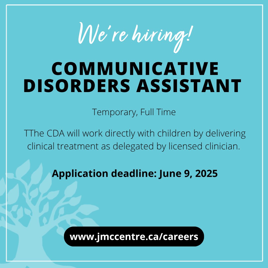 🚨 We’re hiring a Communicative Disorders Assistant (CDA)
💼 Full-time | 18-month contract
📧 Apply by June 9: jmccentre.ca/careers 
See why our staff love JMCC: youtu.be/fak78DH77AU
#WindsorJobs #CDAJobs #HelpingAbilitiesGrow #JMCCCareers