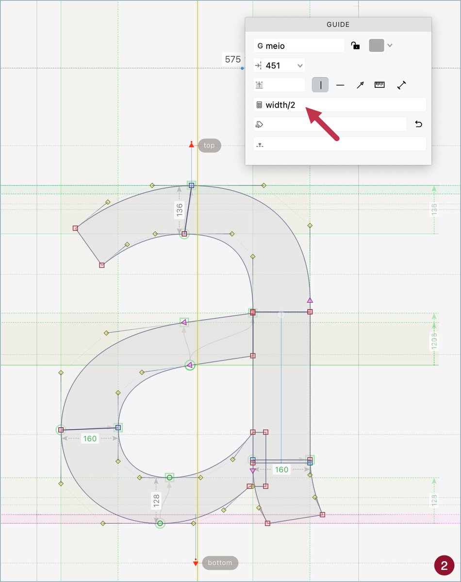Igor Freiberger (@igor_freiberger) on Twitter photo FontLab 8 Tip: Guide in Half Width I
To have a guide in the middle of a glyph width can be very useful. To automatically create one, drag a guide from the vertical ruler (1) and set "width/2" in the value field of Guide panel (2). <a href="/typography/">Typography</a> FontLab 8 Tip: Guide in Half Width I
To have a guide in the middle of a glyph width can be very useful. To automatically create one, drag a guide from the vertical ruler (1) and set "width/2" in the value field of Guide panel (2). <a href="/typography/">Typography</a>