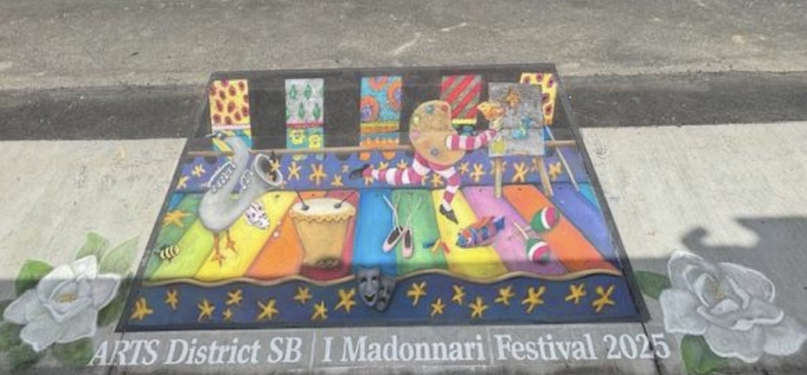 Did you see it yet? The  2nd annual ARTS District downtown chalk painting in support of I Madonnari and Children's Creative Project is still on the asphalt in front of the Arlington Theatre in Santa Barbara.  Chalk artist Ann Hefferman.  (Photos: Richard Yates - OPAL restaurant )