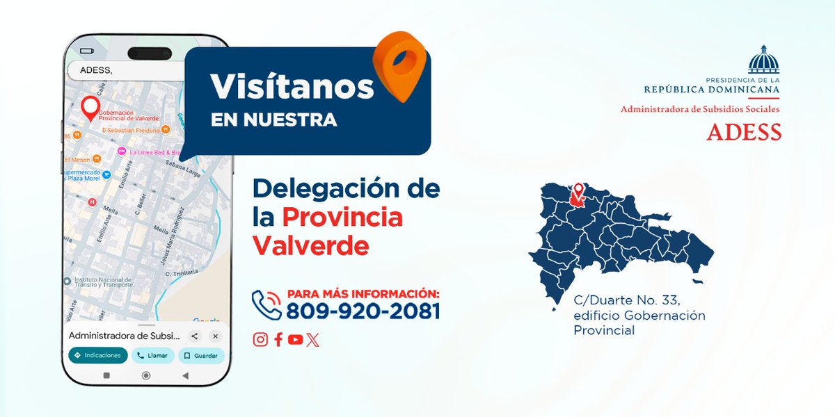 AdessRD's tweet photo. #AdessTeInforma
Cómo llegar a nuestra Delegación Provincia Valverde, C/ Duarte No. 33, edificio Gobernación Provincial.
Para más información puedes llamarnos al 809-920-2081.
#EnAdessPensamosEnTi https://t.co/KZcwOpRxUk