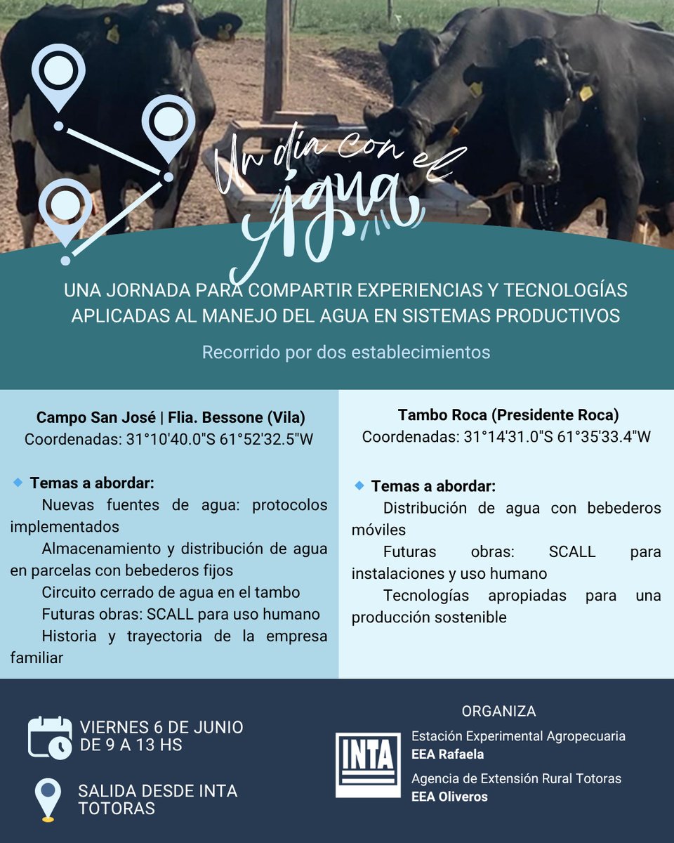 INTA Santa Fe (@intasantafe) on Twitter photo 💧Un día con el agua
6 de junio – Rafaela
9 a 13 hs – Salida desde INTA Totoras 7:30 hs (Av. Maipú 1138)
🚐 Traslado en trafic - Act. gratuita con inscripción:
👉 forms.gle/6EKEPxKedUyPJp…
📧 cardozo.francisco@inta.gob.ar
📱 11 6562-5769
<a href="/intaextension/">INTA Extensión</a> <a href="/INTARafaela/">INTA Rafaela</a> <a href="/INTArecon/">INTA Reconquista</a> 💧Un día con el agua
6 de junio – Rafaela
9 a 13 hs – Salida desde INTA Totoras 7:30 hs (Av. Maipú 1138)
🚐 Traslado en trafic - Act. gratuita con inscripción:
👉 forms.gle/6EKEPxKedUyPJp…
📧 cardozo.francisco@inta.gob.ar
📱 11 6562-5769
<a href="/intaextension/">INTA Extensión</a> <a href="/INTARafaela/">INTA Rafaela</a> <a href="/INTArecon/">INTA Reconquista</a>