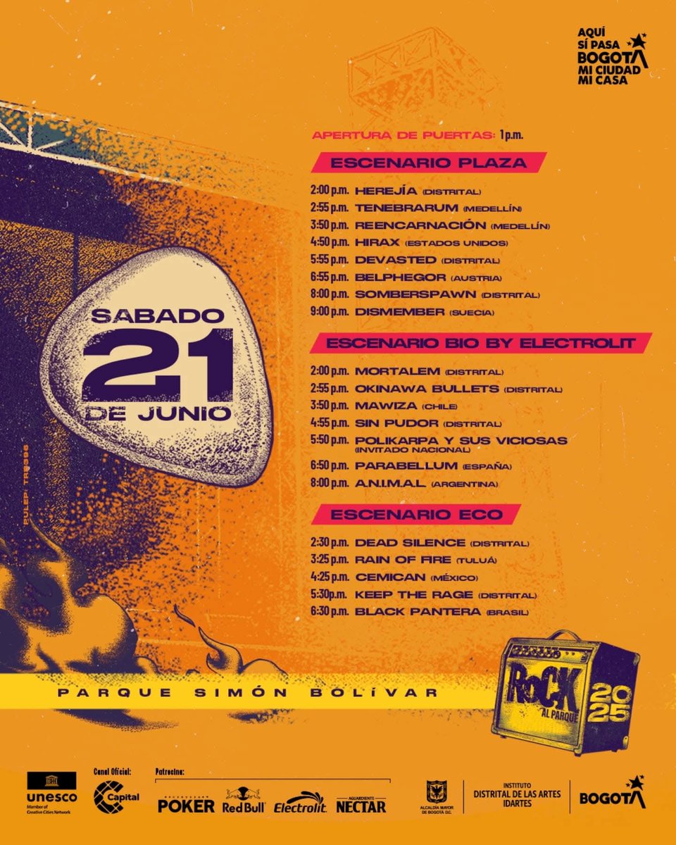 El sábado 21 de junio tendremos el placer de abrir en el escenario Bio By Electrolit <a href="/rockalparquefes/">RockalParqueOFICIAL</a> 2025 🤘🏼
Los esperamos a todos a partir de las 2:00 pm y preparense para un show cargado de TOTAL DEATH METAL 🔥
<a href="/idartes/">Idartes</a>
#RockAlParque2025
#Idartes
#MORTALEM
#TotalDeathMetal