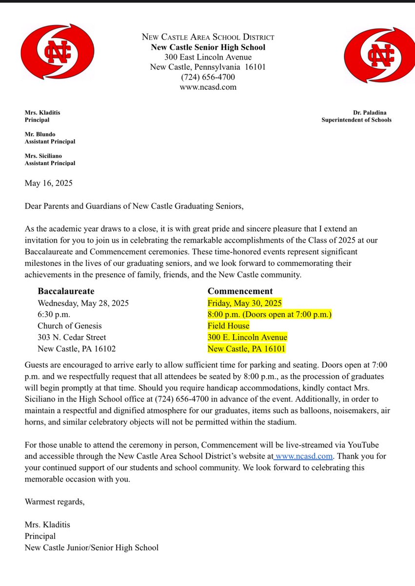 Graduation Ceremony
LOCATION CHANGE

Graduation will be at the JH/SH Field House
🎓5:30: Graduates report to auditorium
🎓7:00: JH/SH Field House Doors Open for guests
🎓8:00: Commencement Ceremony
🎓Live Stream Link will be shared on social media and website prior to 8:00.