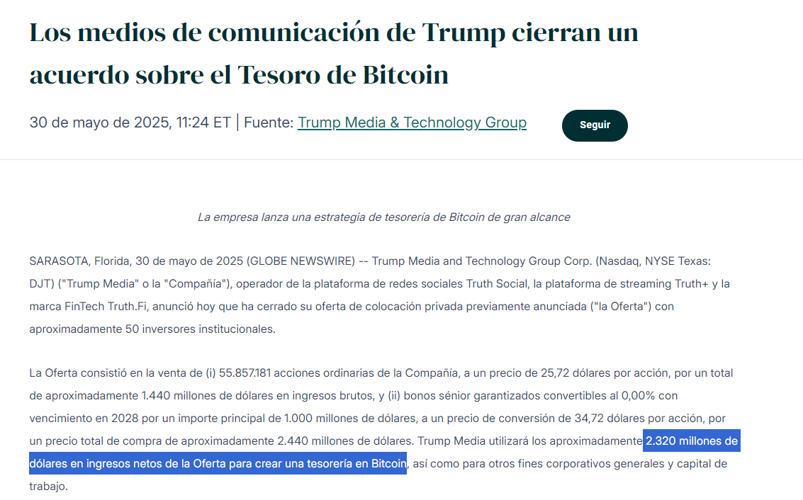 🚨ÚLTIMA HORA🚨 Trump Media (DJT) ha finalizado una venta privada de  acciones y bonos convertibles por un total de USD 2.440 millones, destinada  a la creación de su tesorería de Bitcoin. La