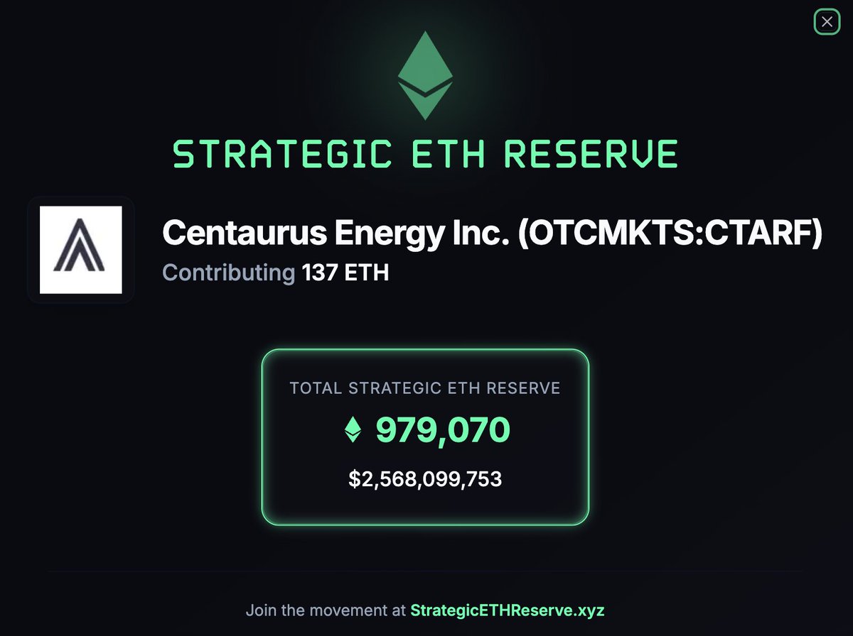 Centaurus Energy adopts ETH as Primary Treasury Reserve Asset and joins the Strategic  ETH Reserve (SER) Centaurus has a 25-year history of mining & trading  physical commodities. Now, it will broaden its