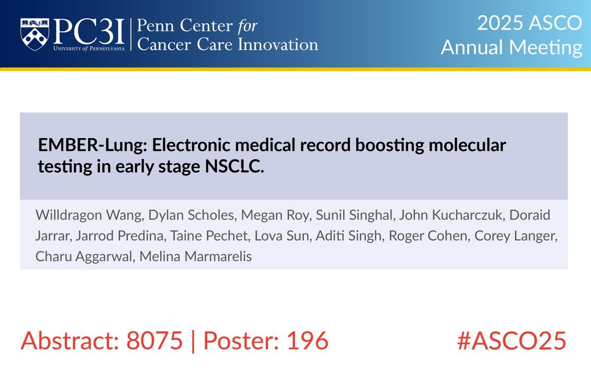 Penn Cancer Innovation (@pc3innovation) on Twitter photo #PC3IatASCO: <a href="/MMarmarelis/">Melina Marmarelis</a>, <a href="/CharuAggarwalMD/">Charu Aggarwal, MD, MPH, FASCO</a> & team used an EMR-based nudge for #NSCLC molecular testing at time of 1st post-operative visit. Findings showed the nudges increased rate of #moleculartesting in patients.
#ASCO25 #LungCancer #LCSM <a href="/ASCO/">ASCO</a>
meetings.asco.org/abstracts-pres… #PC3IatASCO: <a href="/MMarmarelis/">Melina Marmarelis</a>, <a href="/CharuAggarwalMD/">Charu Aggarwal, MD, MPH, FASCO</a> & team used an EMR-based nudge for #NSCLC molecular testing at time of 1st post-operative visit. Findings showed the nudges increased rate of #moleculartesting in patients.
#ASCO25 #LungCancer #LCSM <a href="/ASCO/">ASCO</a>
meetings.asco.org/abstracts-pres…