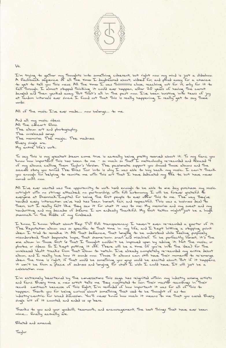Taylor Swift shares letter about owning her masters.